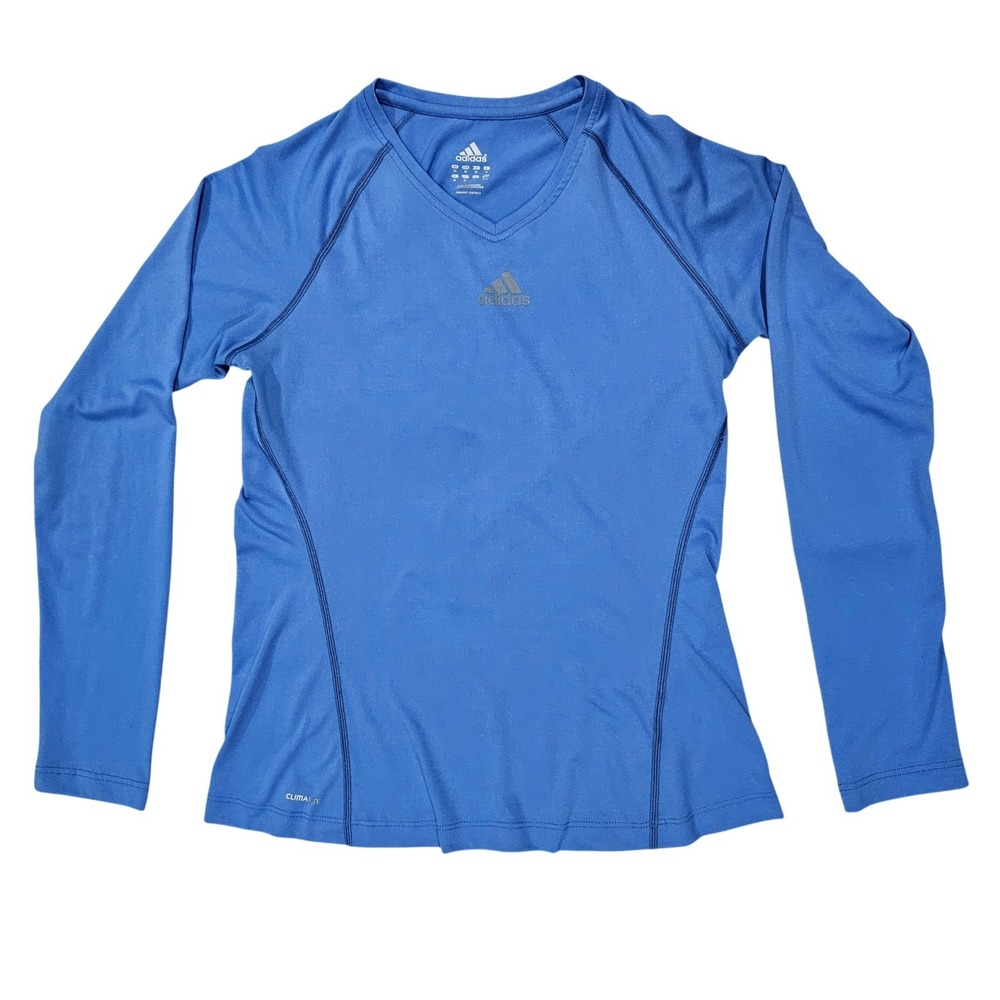 Adidas Climalite Women M Blue Long Sleeve V-Neck Training Top Athletic Shirt